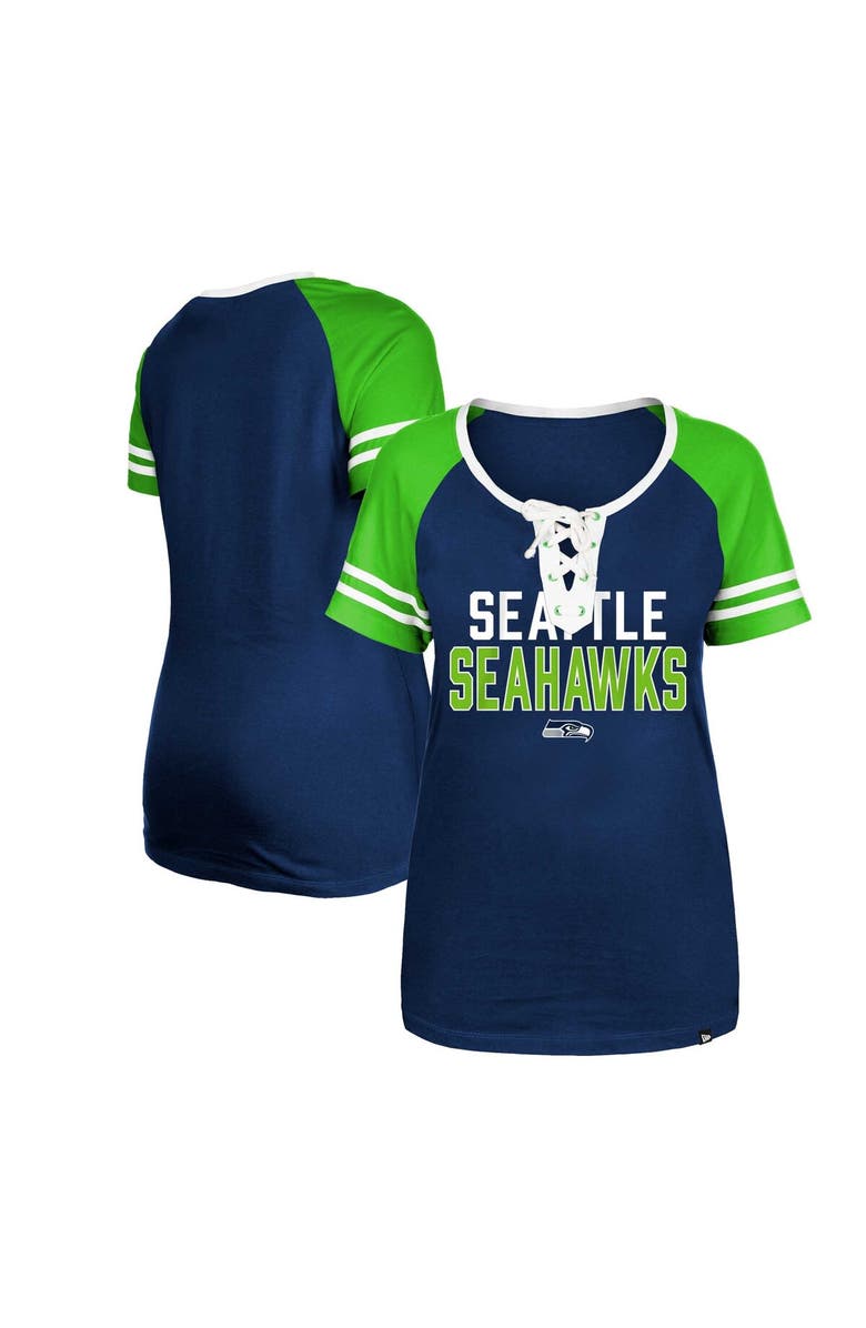 New Era Women's New Era College Navy Seattle Seahawks Raglan Lace-Up T-Shirt, Alternate, color, 