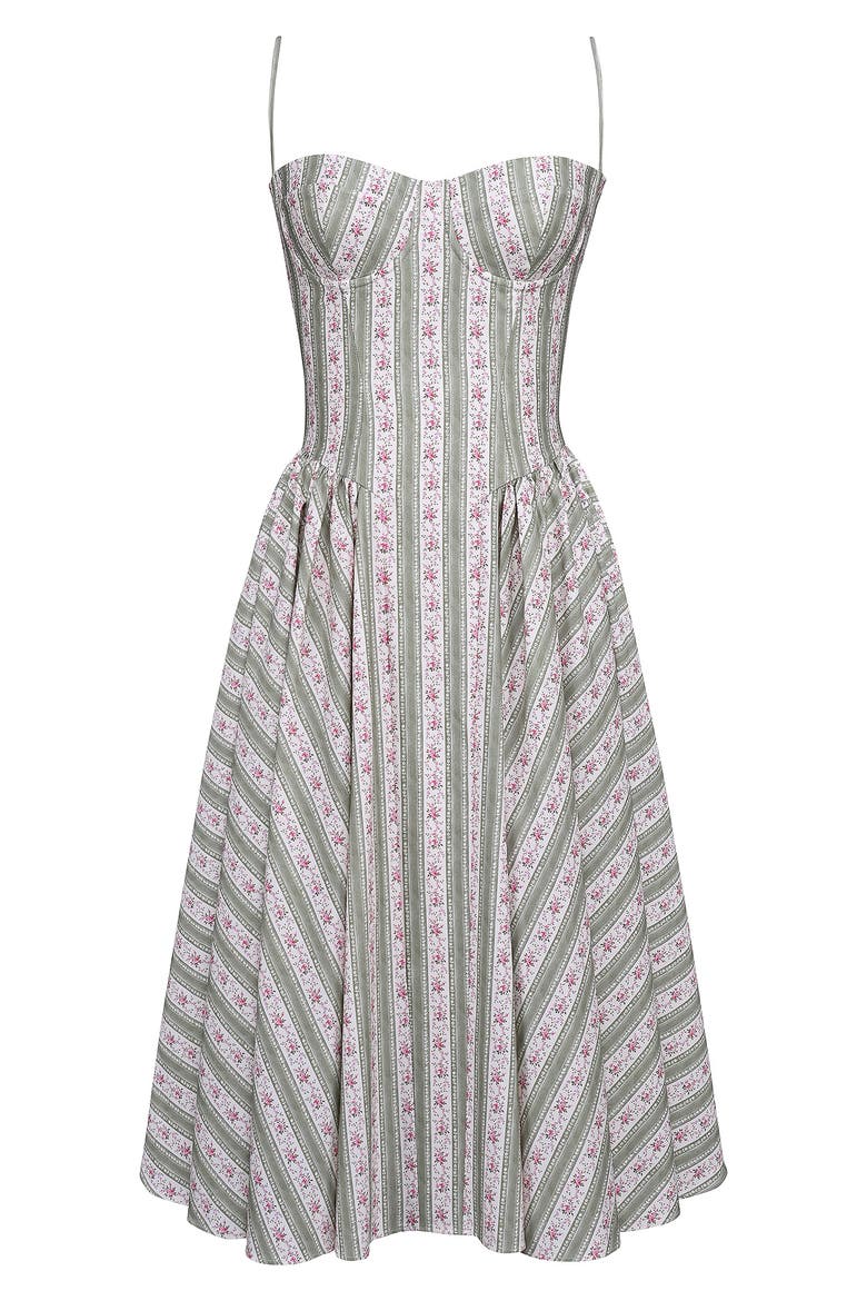 Mya Corset Sleeveless Midi Dress, Alternate, color, ROSE STRIPE FLORAL GREEN