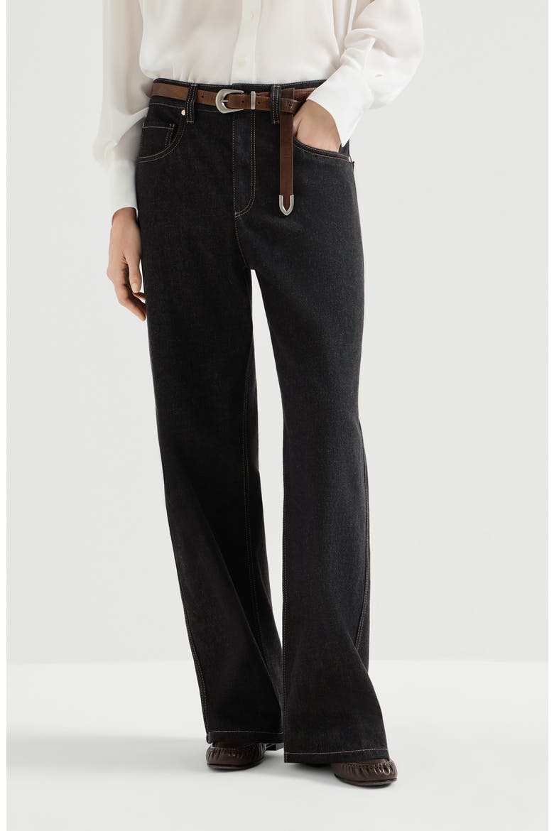 No-fade denim loose barrel trousers with monili, Main, color, Black