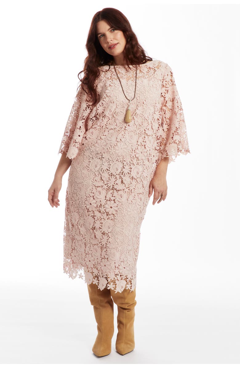 June + Vie Bell-Sleeve Lace Midi Dress, Main, color, Sepia Rose