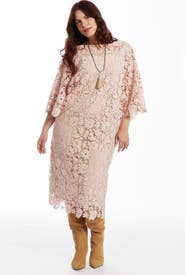 June + Vie Bell-Sleeve Lace Midi Dress