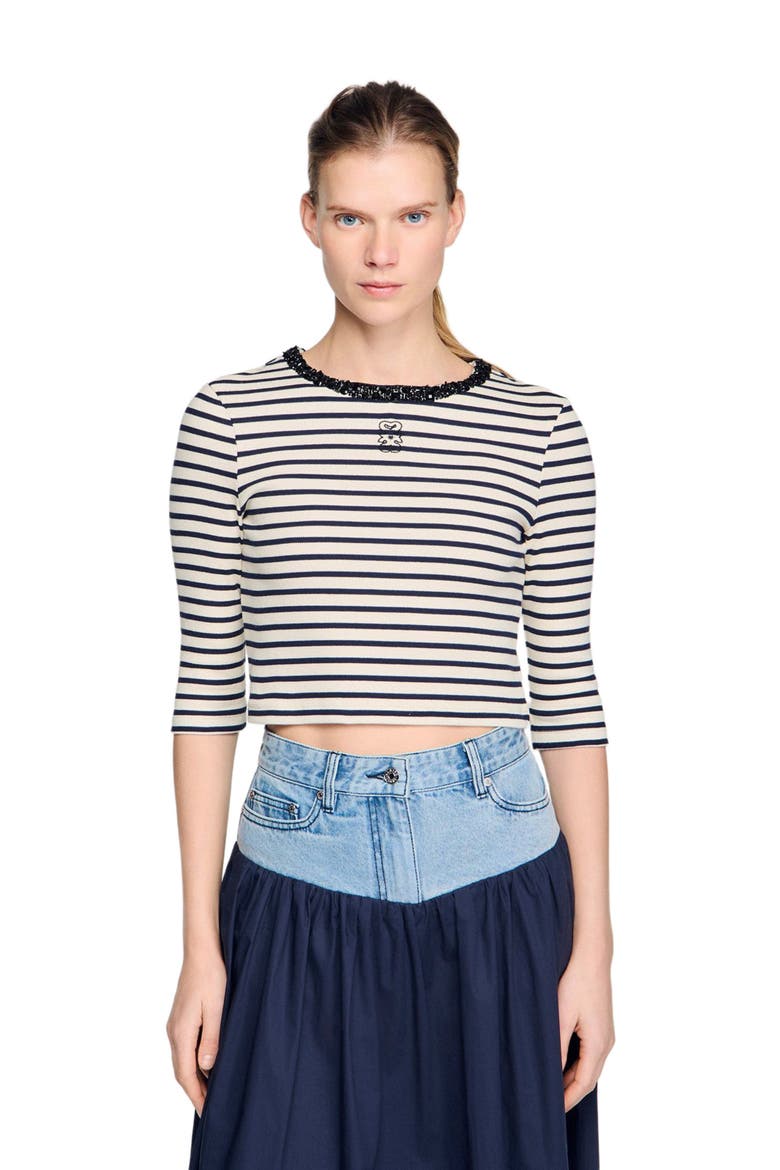 Short striped tee with beaded collar, Alternate, color, Navy blue