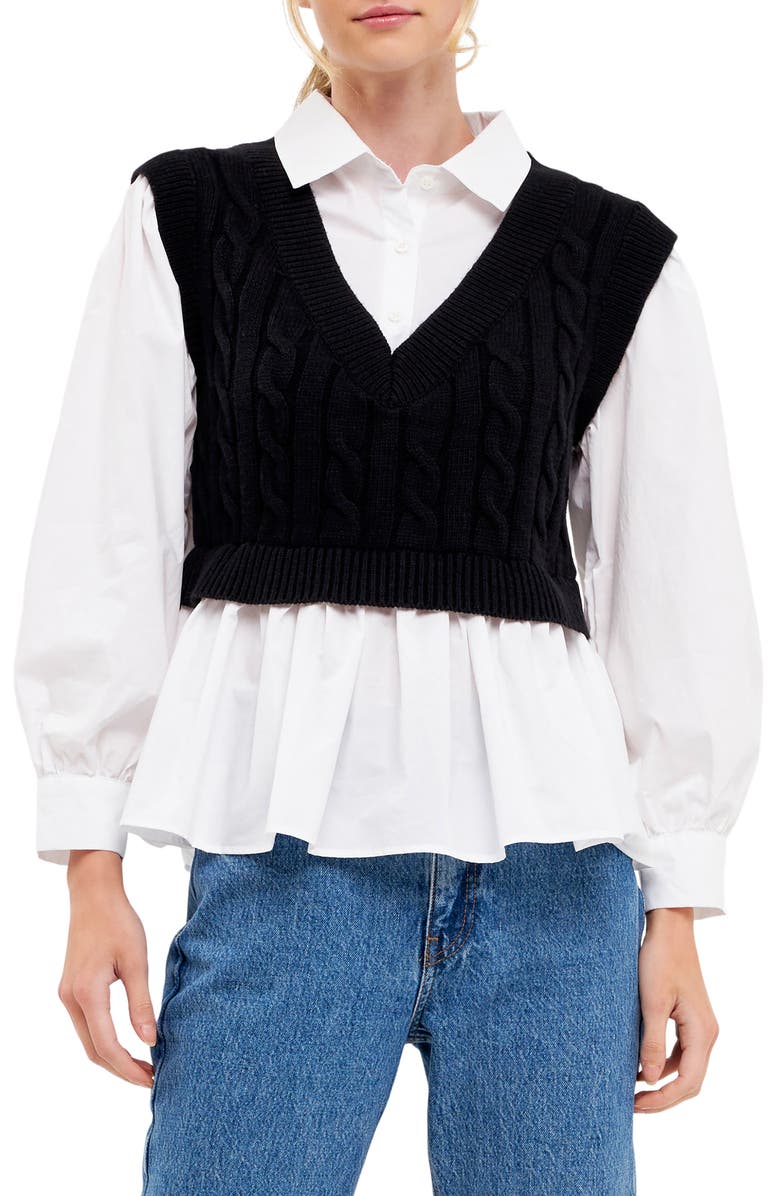 English Factory Cable Knit Mixed Media Top, Main, color,