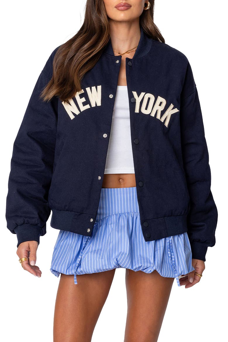 Big Apple Oversize Bomber Jacket, Main, color, NAVY