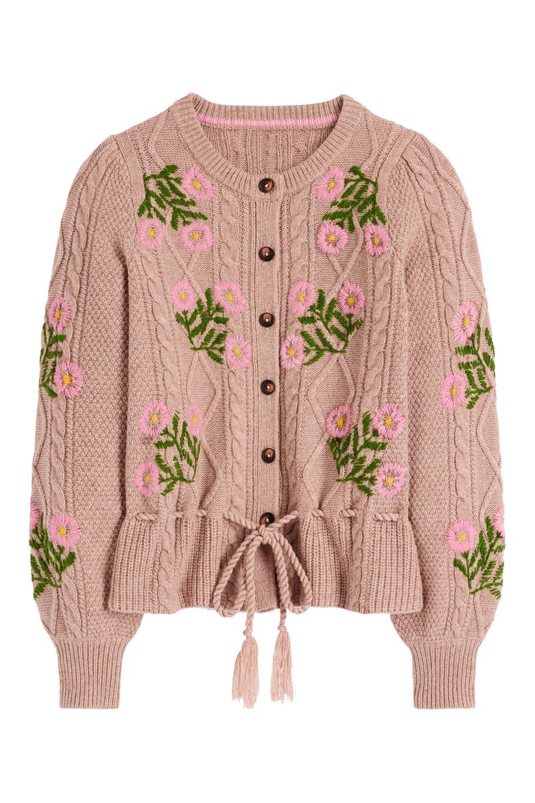 Embroidered Cable Knit Cardigan, Alternate, color, MINK MELANGE, EMBROIDERY