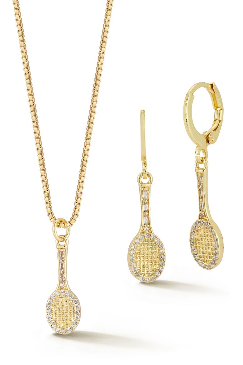 Tennis Racquet Drop Huggie Hoop Earrings & Necklace Set, Main, color, GOLD