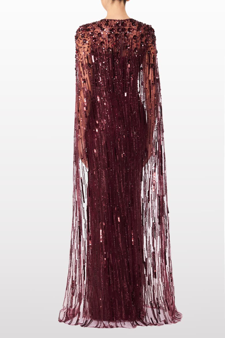 Ruby Sequin-Embellished Cape Maxi Dress, Alternate, color, Cardinal