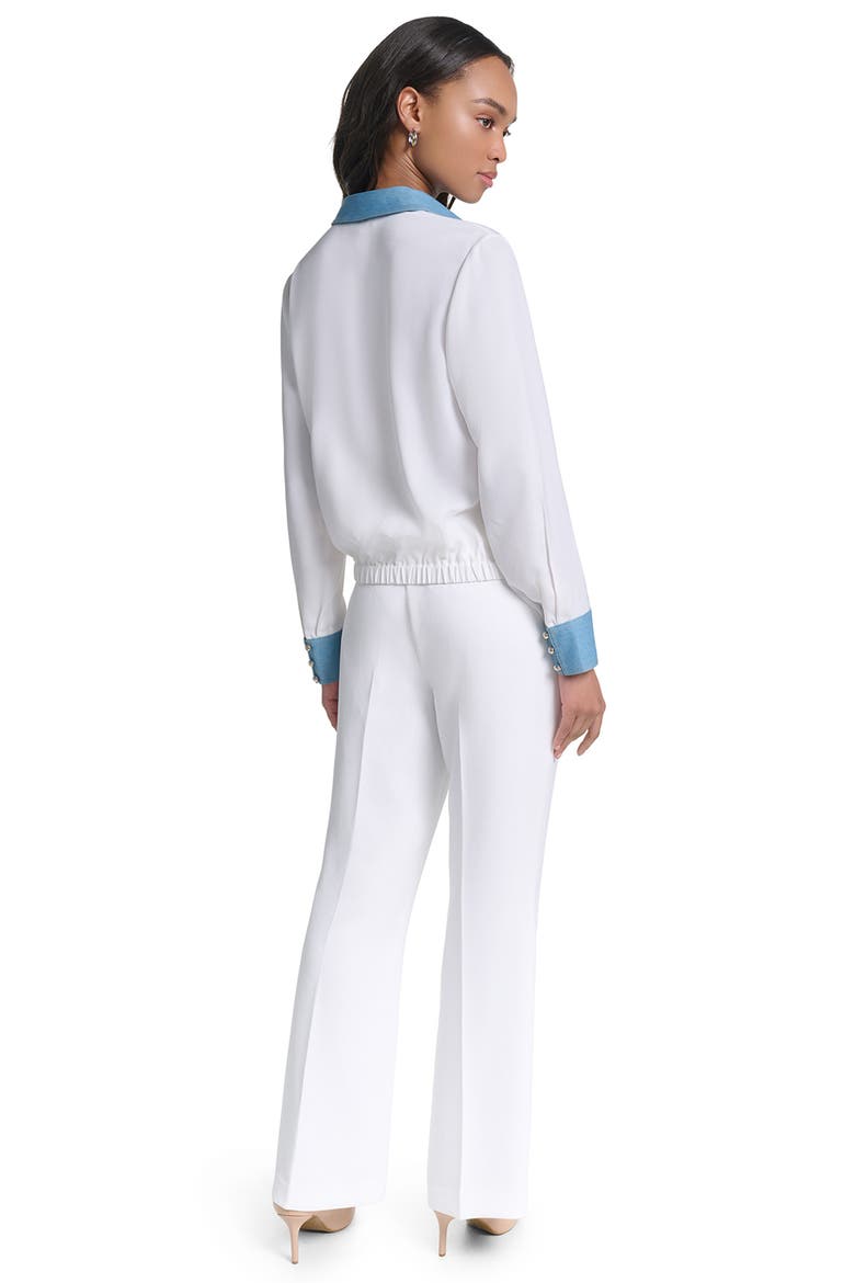 Denim Trim V-Neck Blouse, Alternate, color, SOFT WHITE