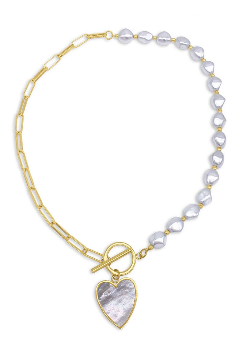 14K Yellow Gold Plated 10mm Pearl Heart Pendant Necklace, Alternate, color, WHITE