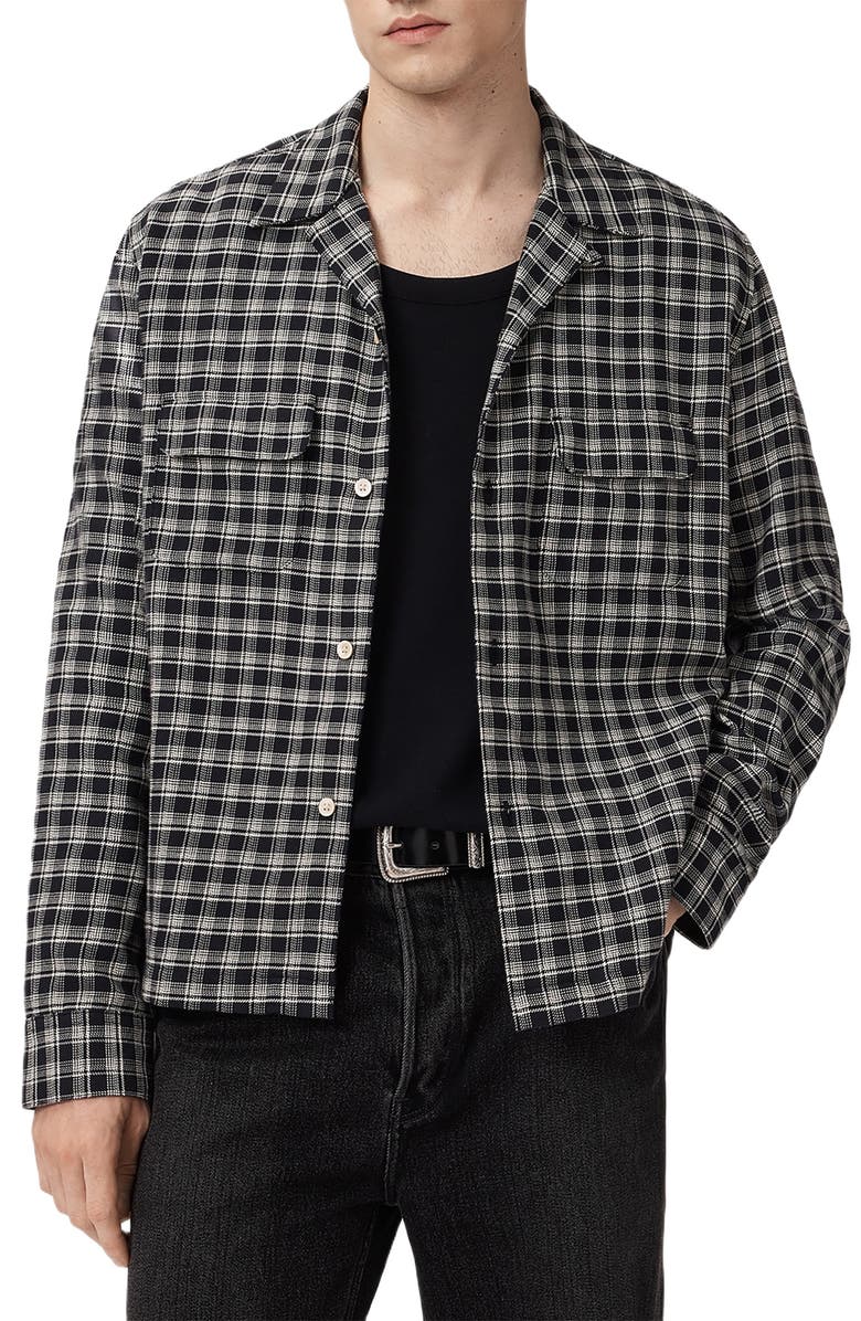 AllSaints Horton Plaid Cotton Button-Up Shirt, Main, color, Salem Black
