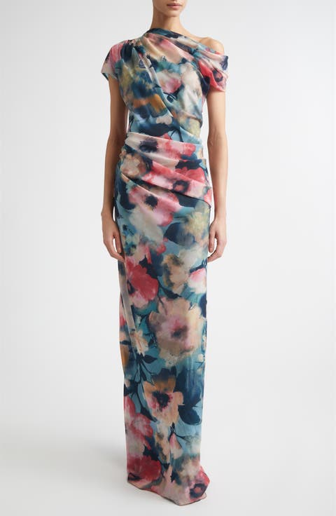 Abstract Floral Draped Asymmetric One-Shoulder Chiffon Gown
