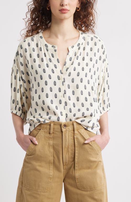 Treasure & Bond Floral Button-up Peasant Top In Ivory- Olive Block Floral