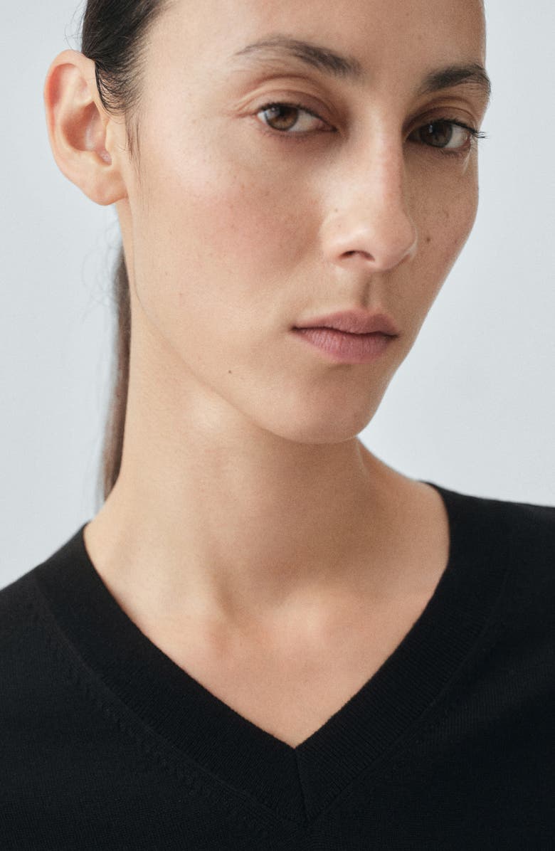 MANGO Selection V-Neck Short Sleeve Wool Sweater, Alternate, color, Black