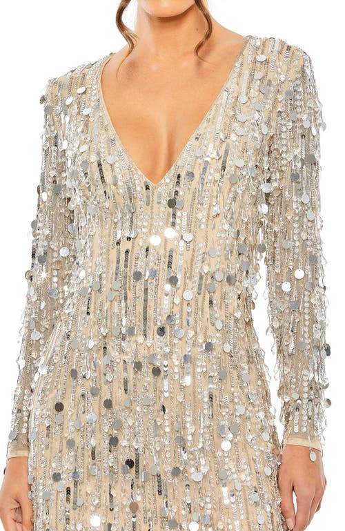 Mac Duggal Beaded Fringe Detail Dress With Plunging Neckline And Long Sleeves In Nude Silver