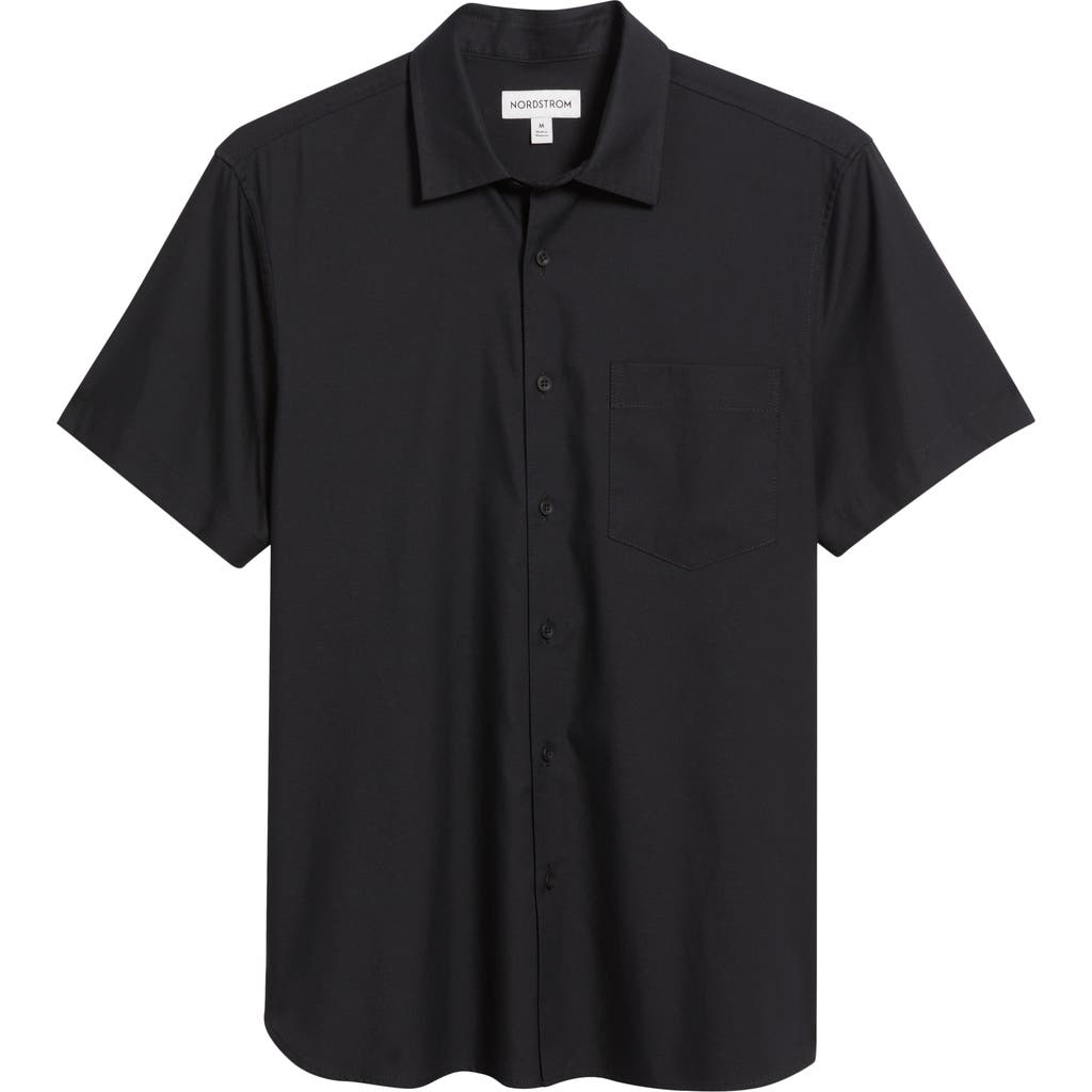 Nordstrom Solid Short Sleeve Stretch Button-up Shirt In Black