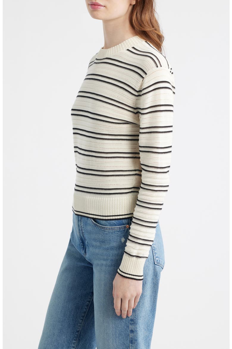 Striped Textured Stitch Cotton Crewneck Sweater, Alternate, color, IVORY AND BLACK DOUBLE STRIPE