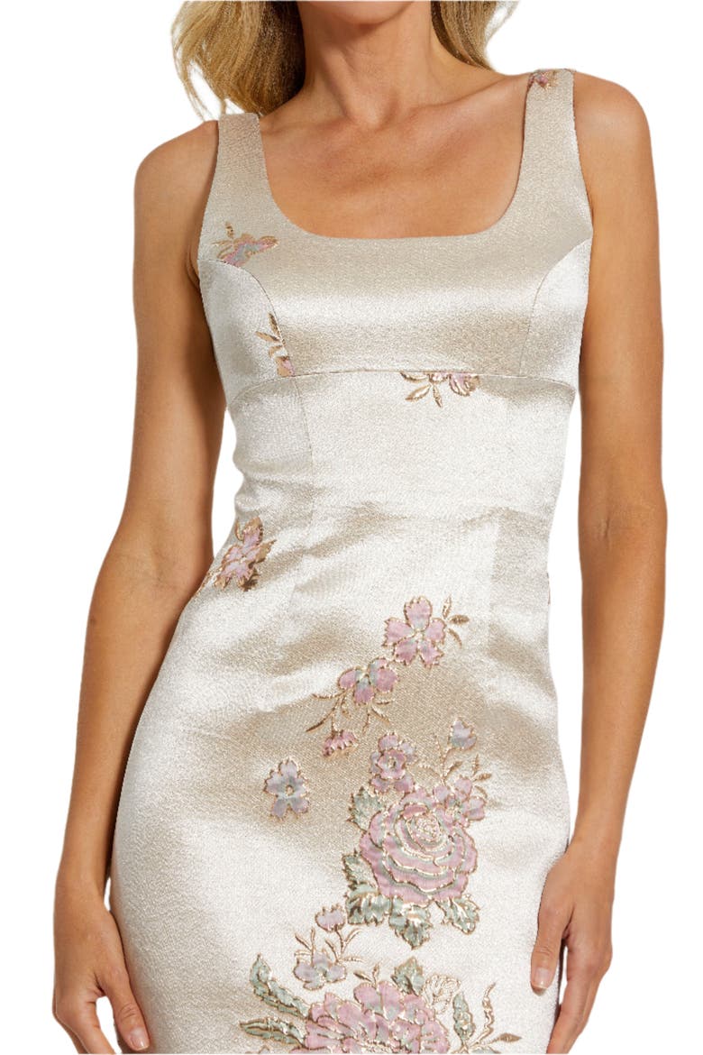 Petite Slim Strap Scoop Neck Bustier Brocade Midi Dress, Alternate, color, Champagne Multi