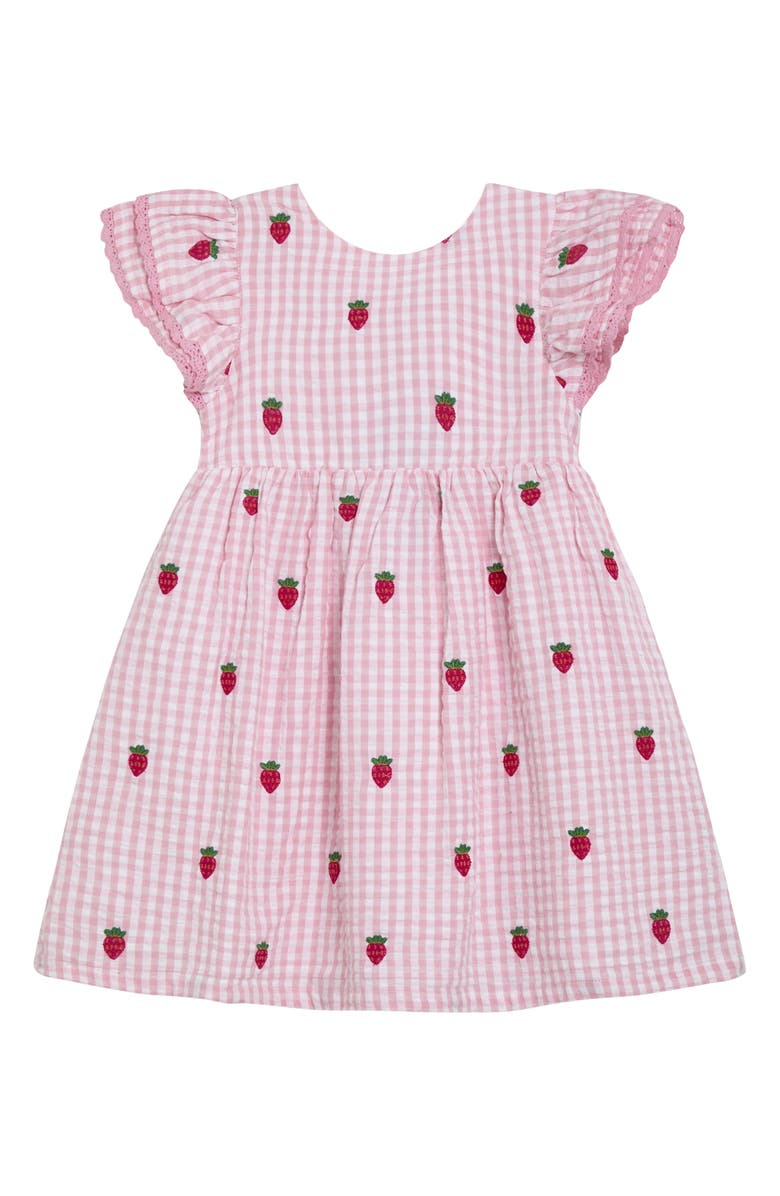 JOJO MAMAN BEBE Gingham Check Strawberry Embroidered Cotton Seersucker Dress, Main, color, 