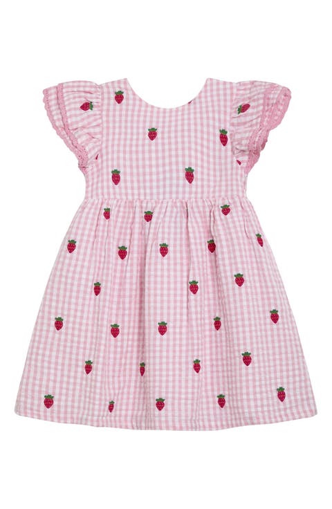 Gingham Check Strawberry Embroidered Cotton Seersucker Dress (Baby)
