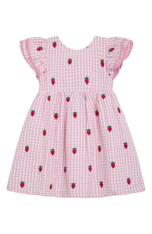 Jojo Maman Bébé Jojo Maman Bebe Gingham Check Strawberry Embroidered Cotton Seersucker Dress In Pink