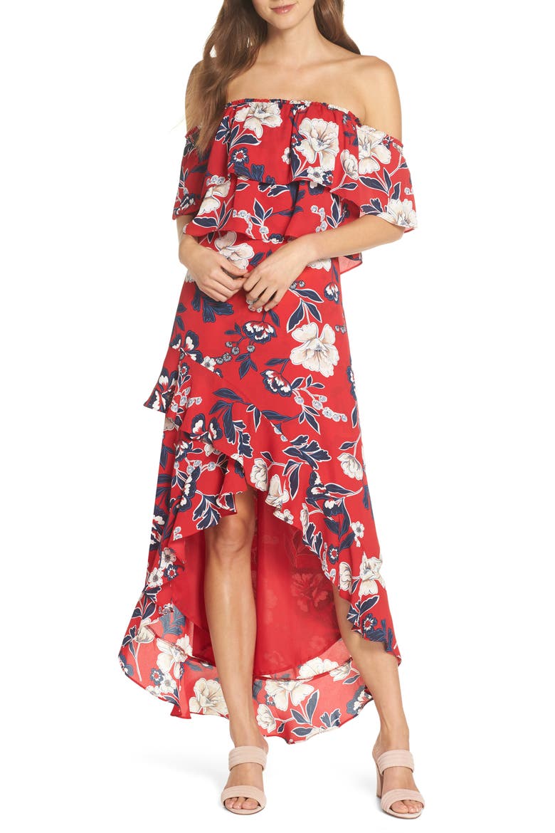 BB Dakota Taylore Convertible Strap Maxi Dress, Main, color, RED FLORAL PRINT
