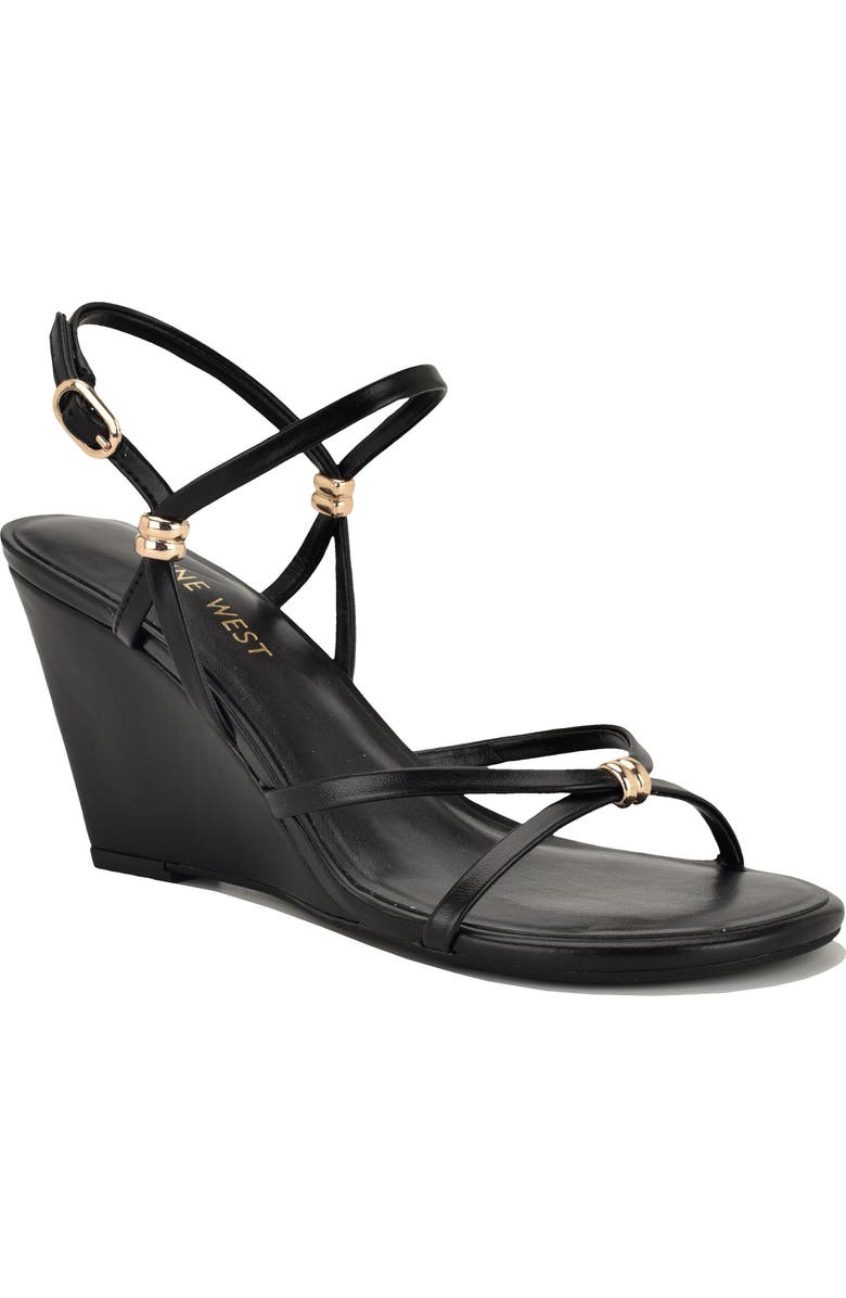 Nine West <p>Deklyn Faux Leather Wedge Sandal (Women)</p>, Main, color, Black