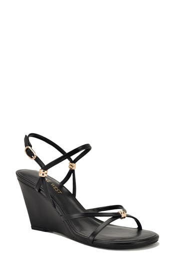 Nine West Deklyn Faux Leather Wedge Sandal in Black at Nordstrom Rack, Size 5