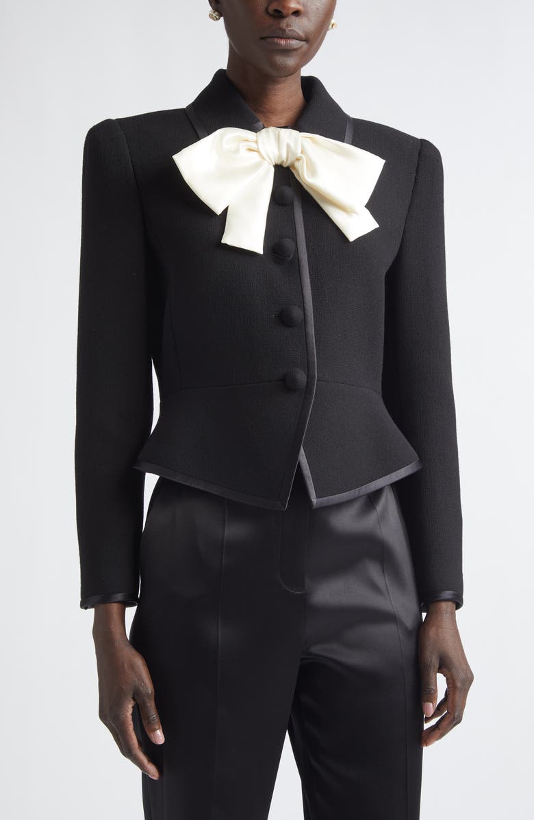 Valentino Bow Front Virgin Wool Crepe Crop Jacket, Main, color, Black