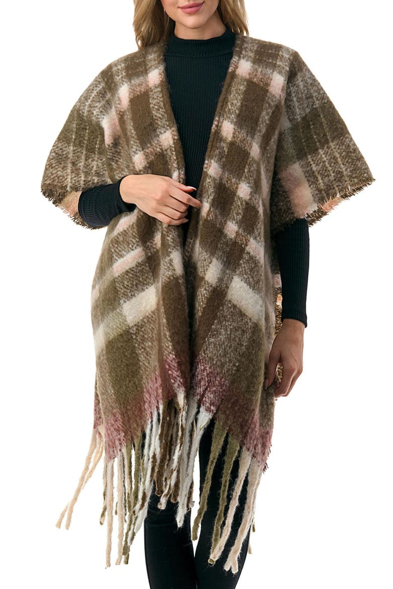 Plaid Fringe Ruana, Main, color, OLIVE