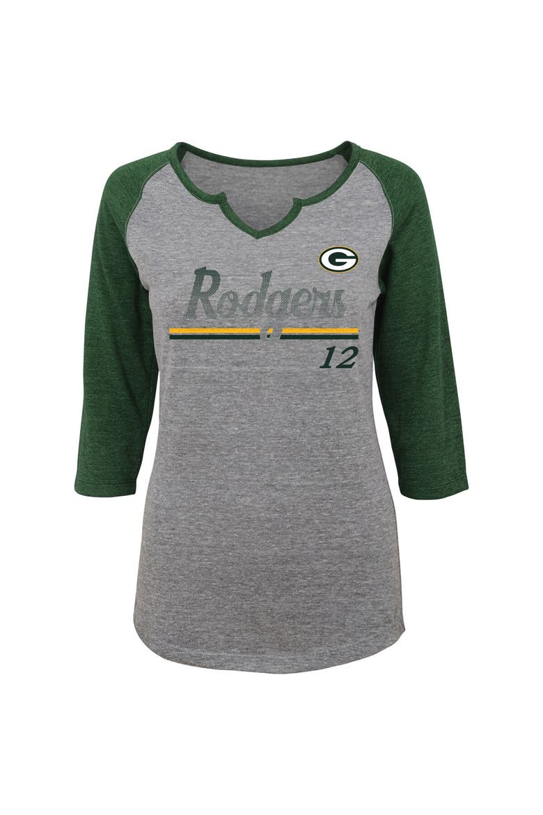 Women's Juniors Aaron Rodgers Heathered Gray/Green Green Bay Packers Over the Line Player Name & Number Tri-Blend 3/4-Sleeve V-Notch T-Shirt, Alternate, color, Heather Gray
