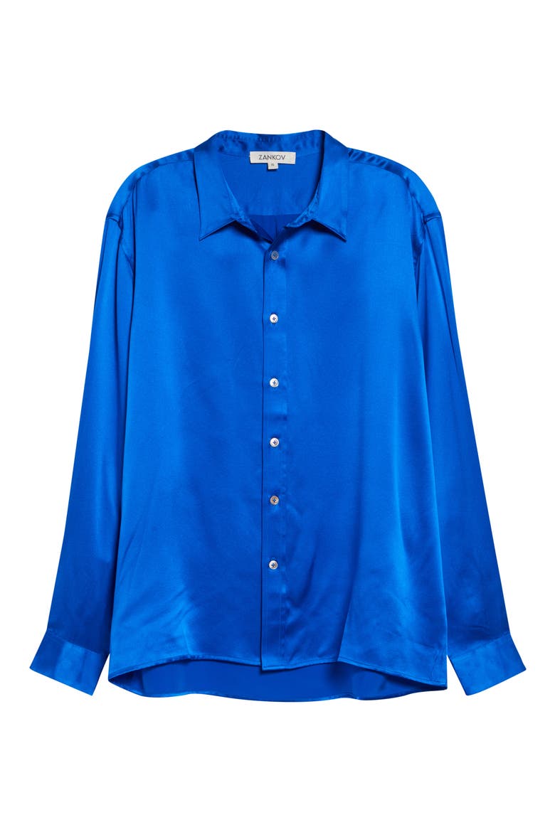 Jimmy Solid Silk Satin Button-Up Shirt, Alternate, color, COBALT