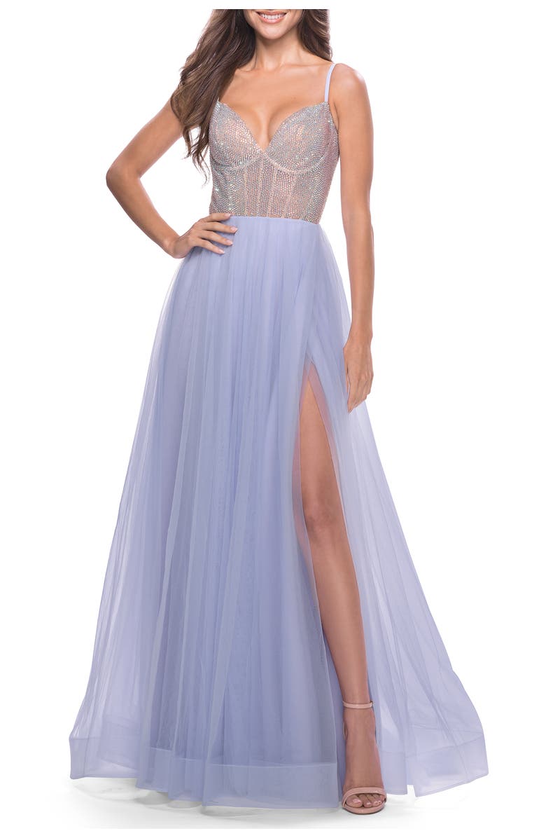 La Femme Sheer Rhinestone Bodice A-Line Tulle Gown, Main, color, Light Periwinkle