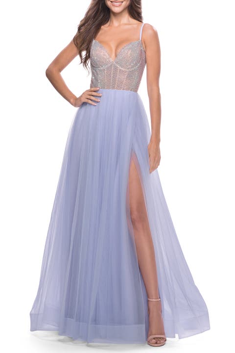 Sheer Rhinestone Bodice A-Line Tulle Gown