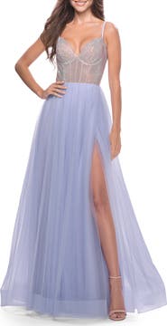 La Femme Sheer Rhinestone Bodice A-Line Tulle Gown