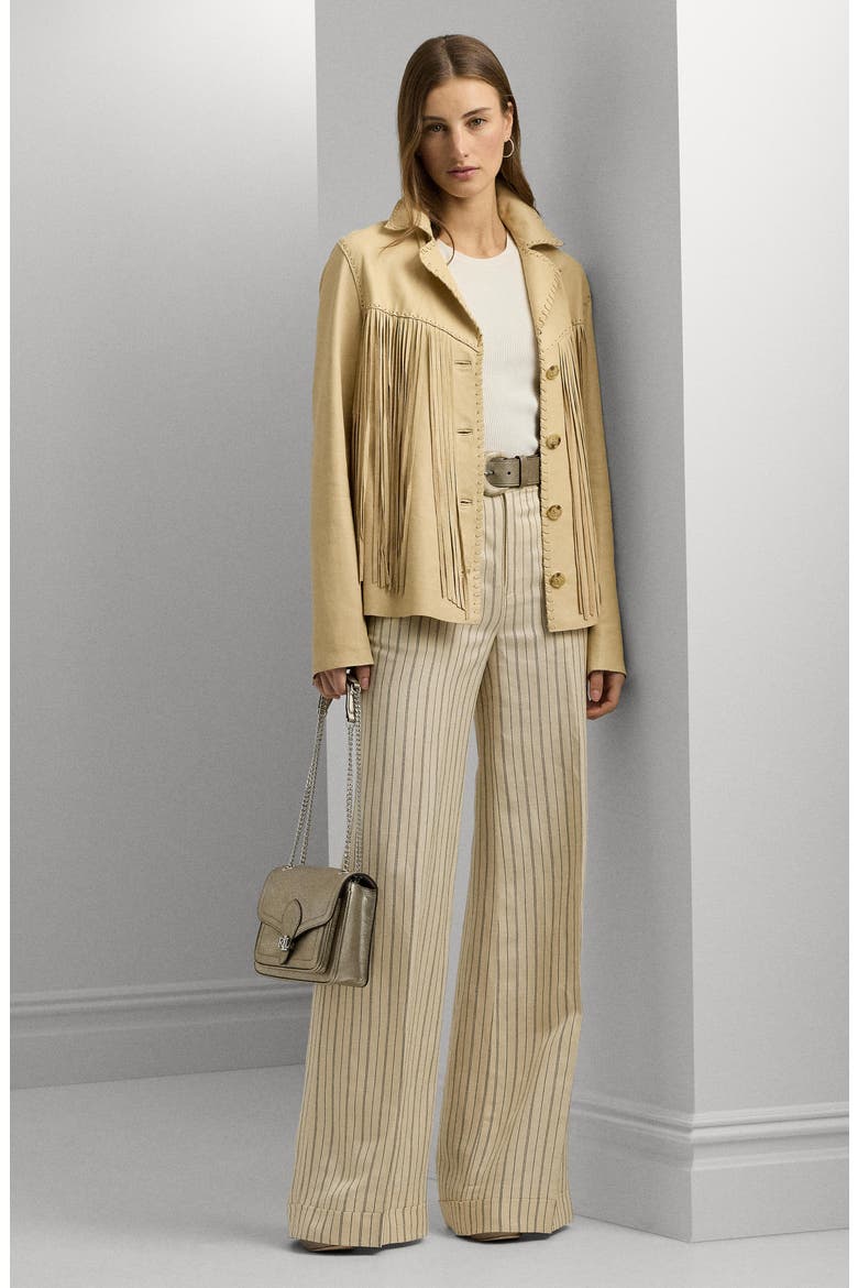 Fringe Trim Lambskin Leather Shirt Jacket, Alternate, color, DESERT CREAM