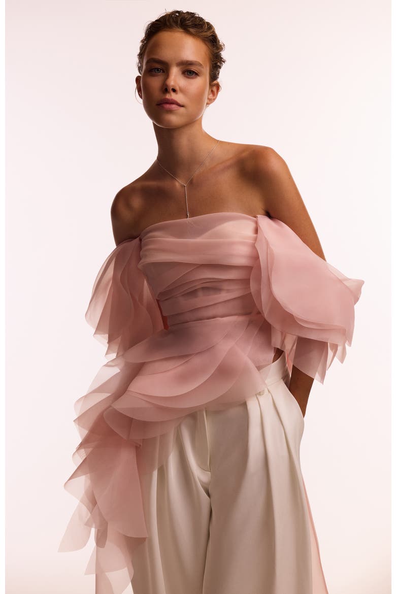 Off-Shoulder Organza Formal Occasion Blouse with Ruffles, Alternate, color, Misty Rose
