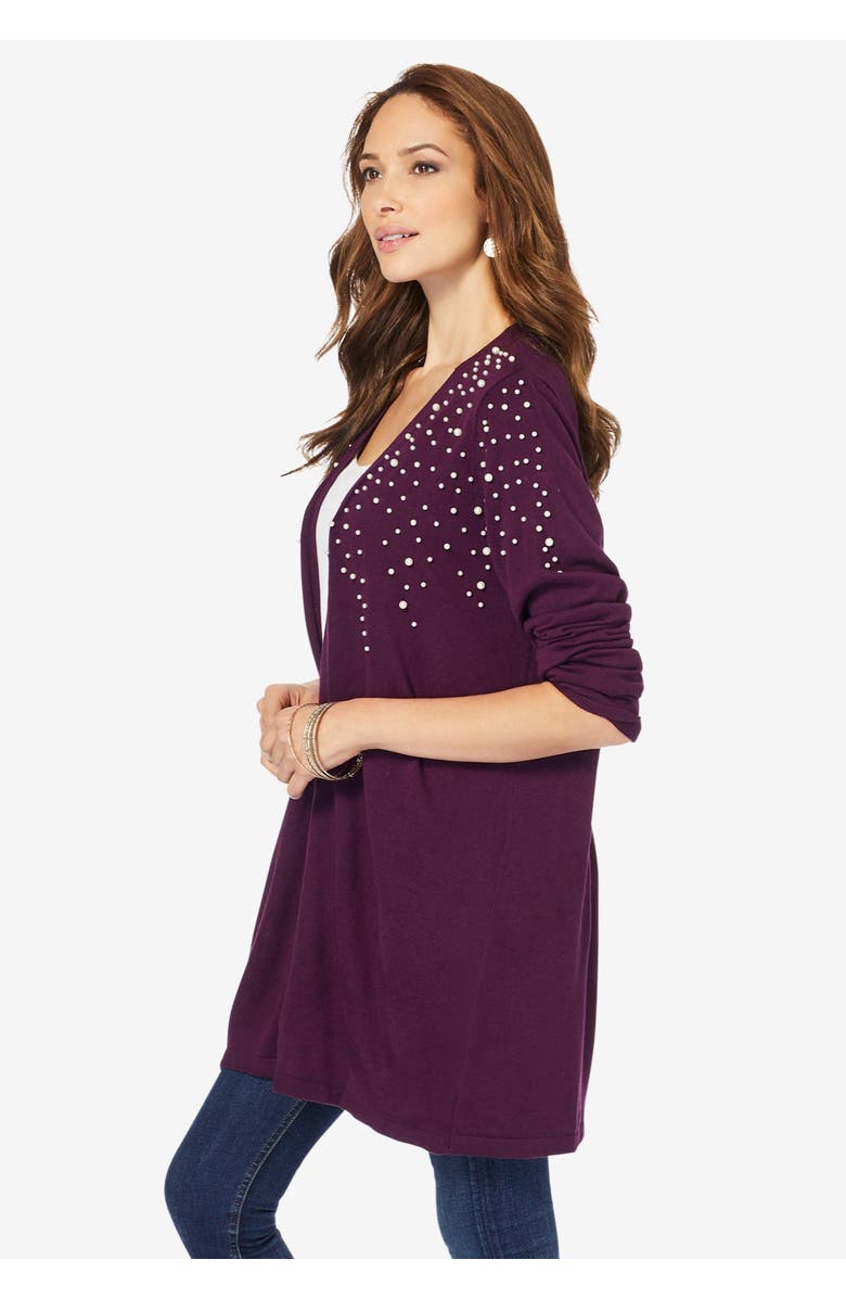 Roaman's Embellished Cardigan, Alternate, color, Red Rhinestone Burst