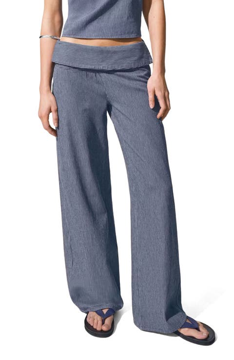 Striped Foldover Cotton Wide Leg Jeans