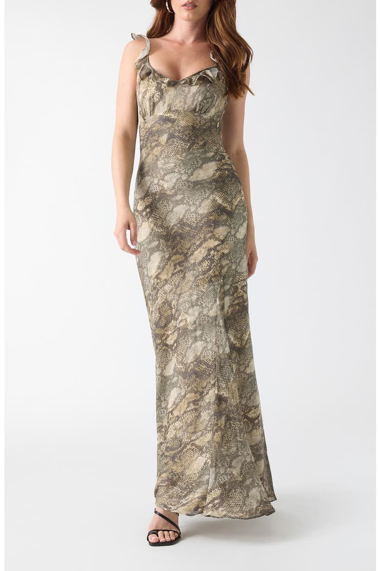 Emy Snake Print Ruffle Maxi Dress, Main, color, NATURAL