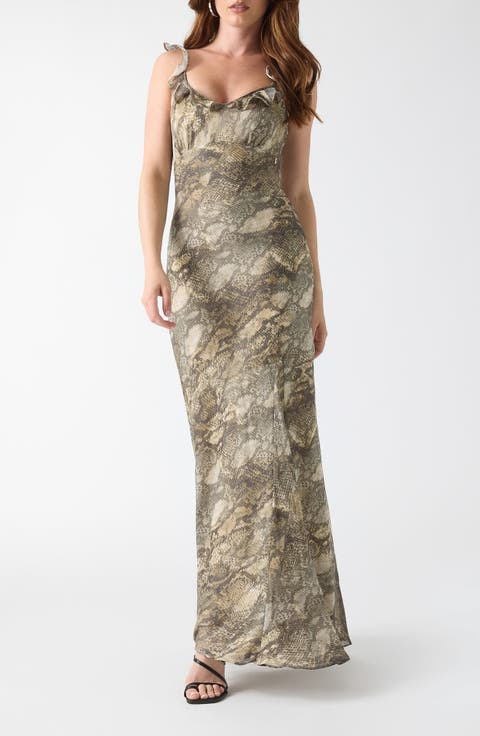Emy Snake Print Ruffle Maxi Dress