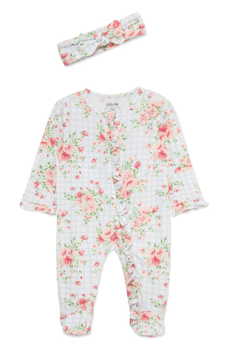 Little Me Rose Check Footie & Headband Set, Main, color, Floral