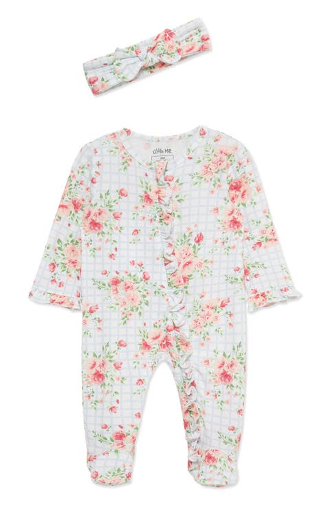Windowpane Roses Stretch Viscose Zip Footie & Headband (Baby) (Nordstrom Exclusive)