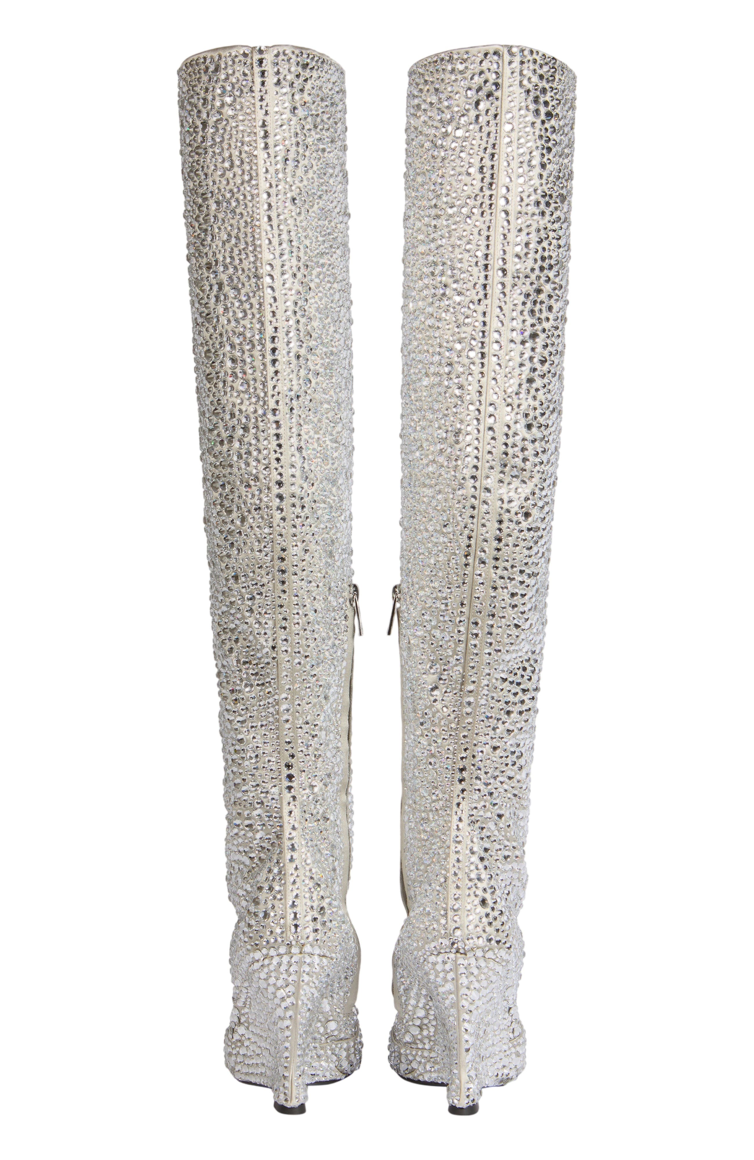 Wedge Thigh-High Satin Boots with Crystals, Alternate, color, Silver