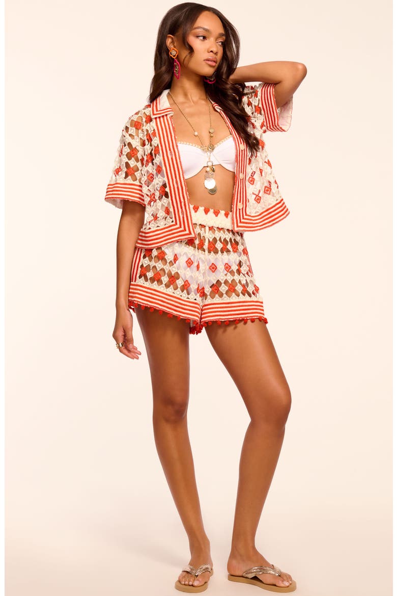 Cordelia Open Knit Cover-Up Shorts, Alternate, color, FLAME/ SANDSTONE CROCHET
