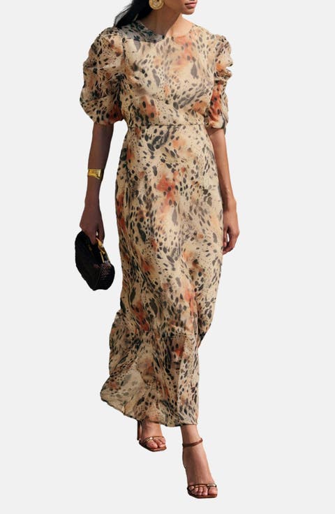 Ruched Puff Sleeve Chiffon Maxi Dress