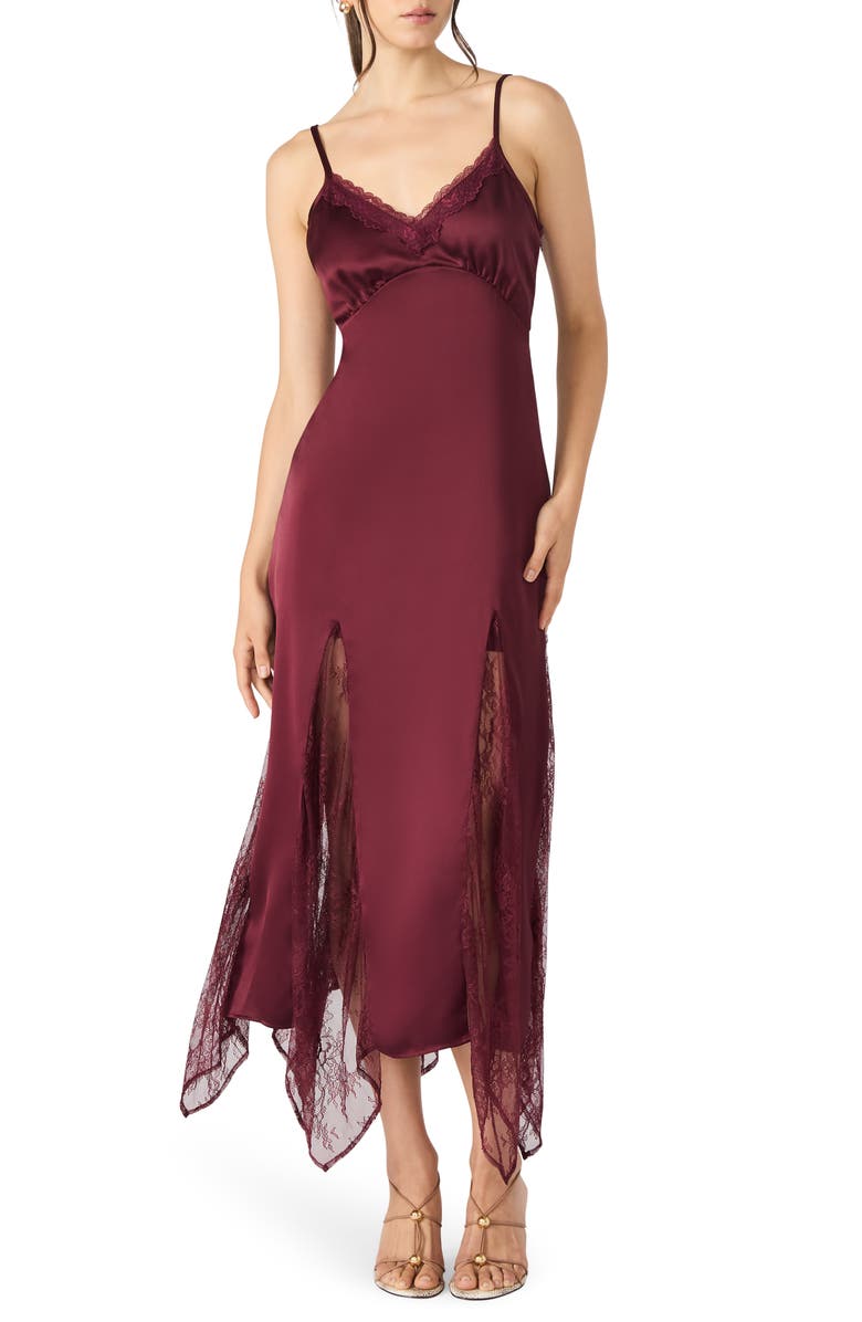 Steve Madden Delia Lace Trim Handkerchief Hem Satin Slipdress, Main, color, Wine