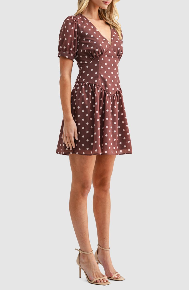 All in Favor Polka Dot Puff Sleeve A-Line Minidress, Alternate, color, Brown Cream