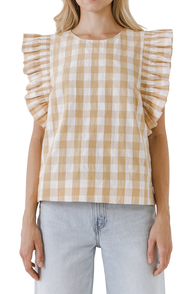 Gingham Ruffle Sleeve Top, Main, color, BEIGE