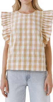 English Factory Gingham Ruffle Sleeve Top