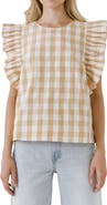 English Factory Gingham Ruffle Sleeve Top
